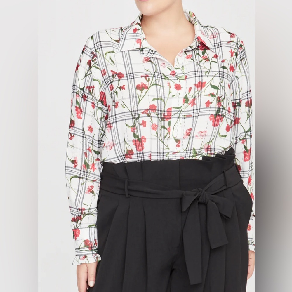 Rachel Roy Collection FLORAL CHECK‎ RUFFLE CUFF BLOUSE - Picture 3 of 15